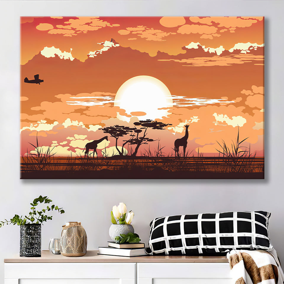 African Savanna Sunset wwild Animals Canvas Prints Wall Art - Painting Canvas, African Art, Home Wall Decor, Painting Prints, For Sale