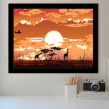 African Savanna Sunset wwild Animals Framed Art Prints Wall Decor - Painting Prints, African Art, Home Decor, Framed Picture, For Sale