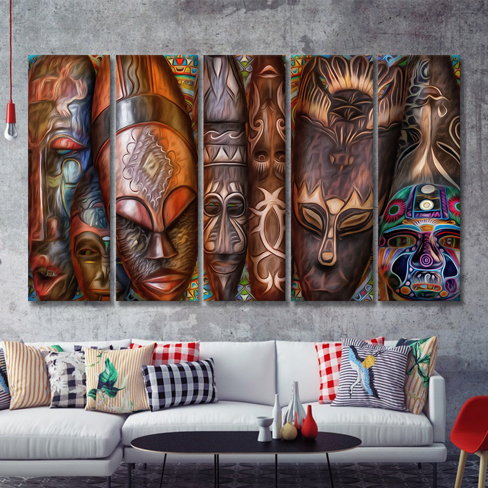African Traditional Masks 5 Pieces B Canvas Prints Wall Art - Painting Canvas, Multi Panels,5 Panel, Wall Decor