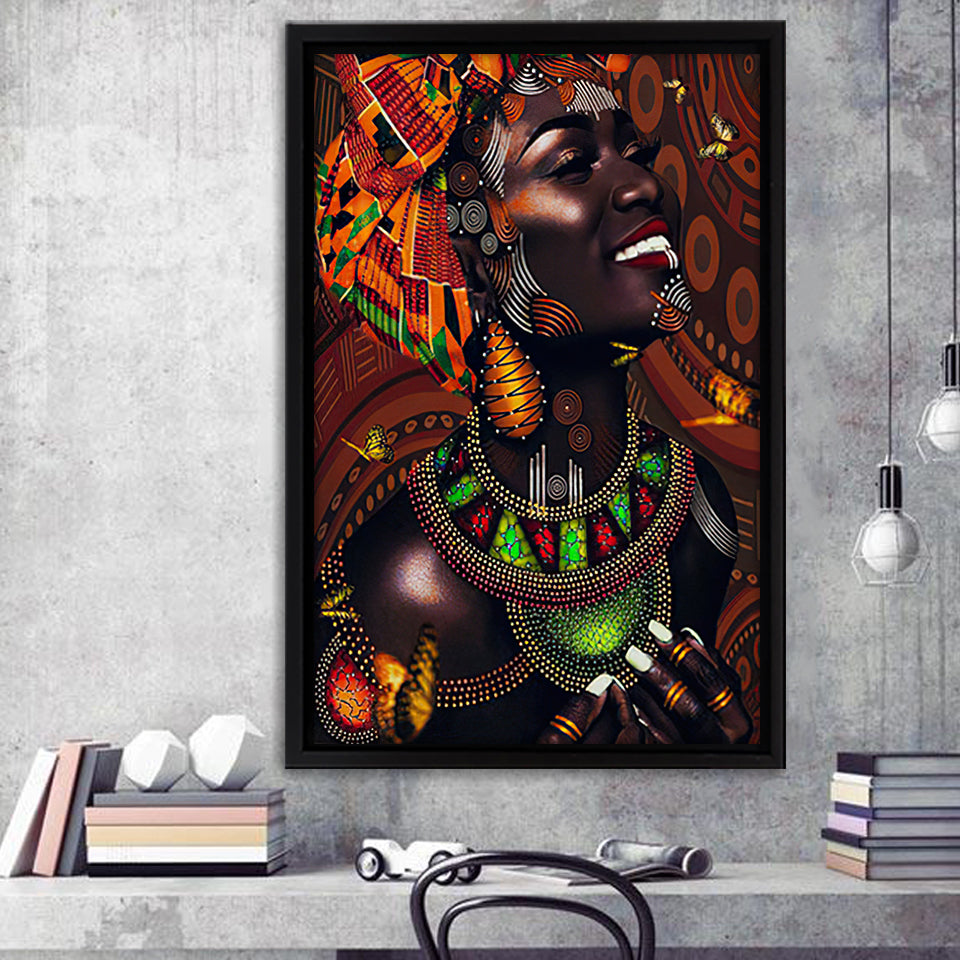 African Tribal Woman in Animated Framed Canvas Prints Wall Art - Painting Canvas,Wall Decor, Painting Prints, Floating Frame