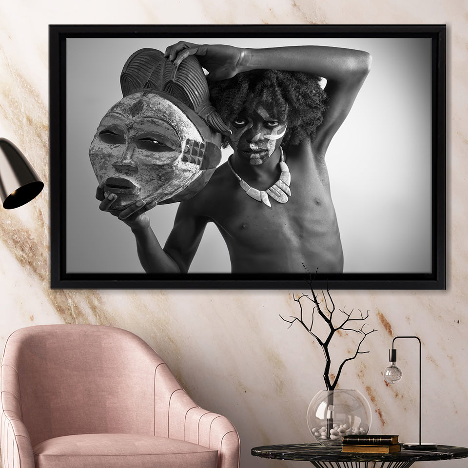 African Tribe Man Holding a Big Mask Framed Canvas Prints Wall Art - Painting Canvas,African Art,Wall Decor, Floating Frame, For Sale