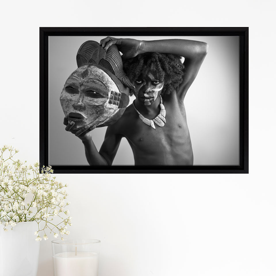 African Tribe Man Holding a Big Mask Framed Canvas Prints Wall Art - Painting Canvas,African Art,Wall Decor, Floating Frame, For Sale