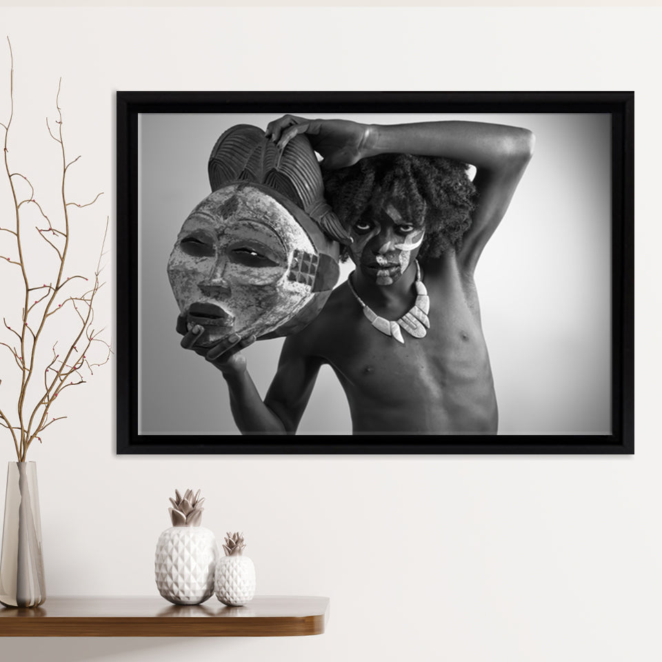 African Tribe Man Holding a Big Mask Framed Canvas Prints Wall Art - Painting Canvas,African Art,Wall Decor, Floating Frame, For Sale