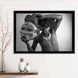 African Tribe Man Holding a Big Mask Framed Canvas Prints Wall Art - Painting Canvas,African Art,Wall Decor, Floating Frame, For Sale