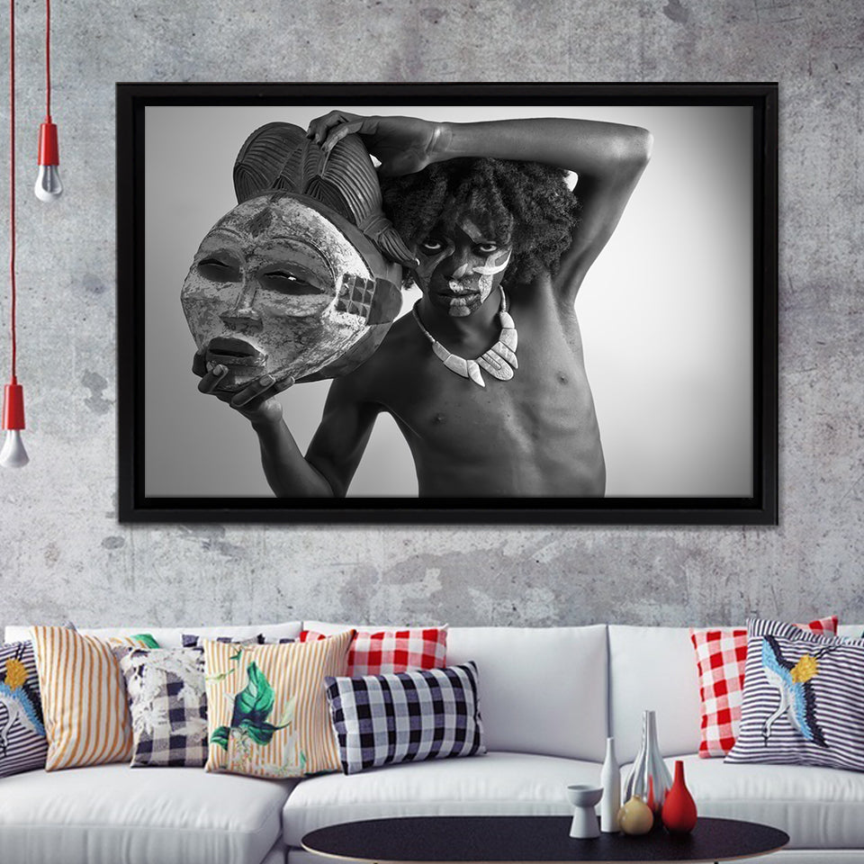 African Tribe Man Holding a Big Mask Framed Canvas Prints Wall Art - Painting Canvas,African Art,Wall Decor, Floating Frame, For Sale