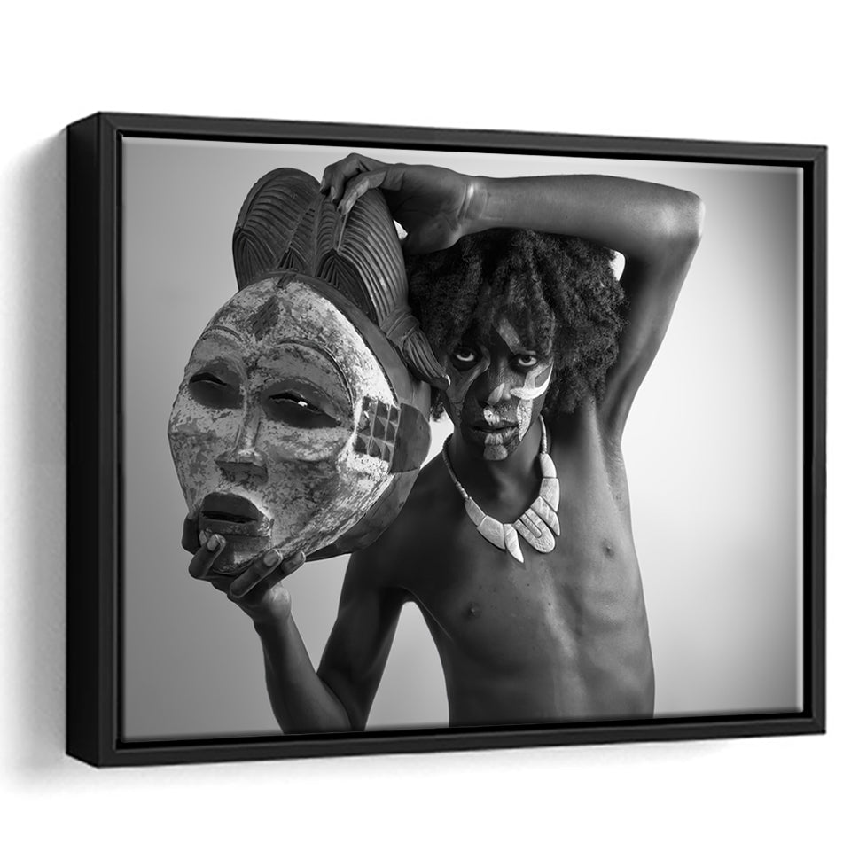 African Tribe Man Holding a Big Mask Framed Canvas Prints Wall Art - Painting Canvas,African Art,Wall Decor, Floating Frame, For Sale
