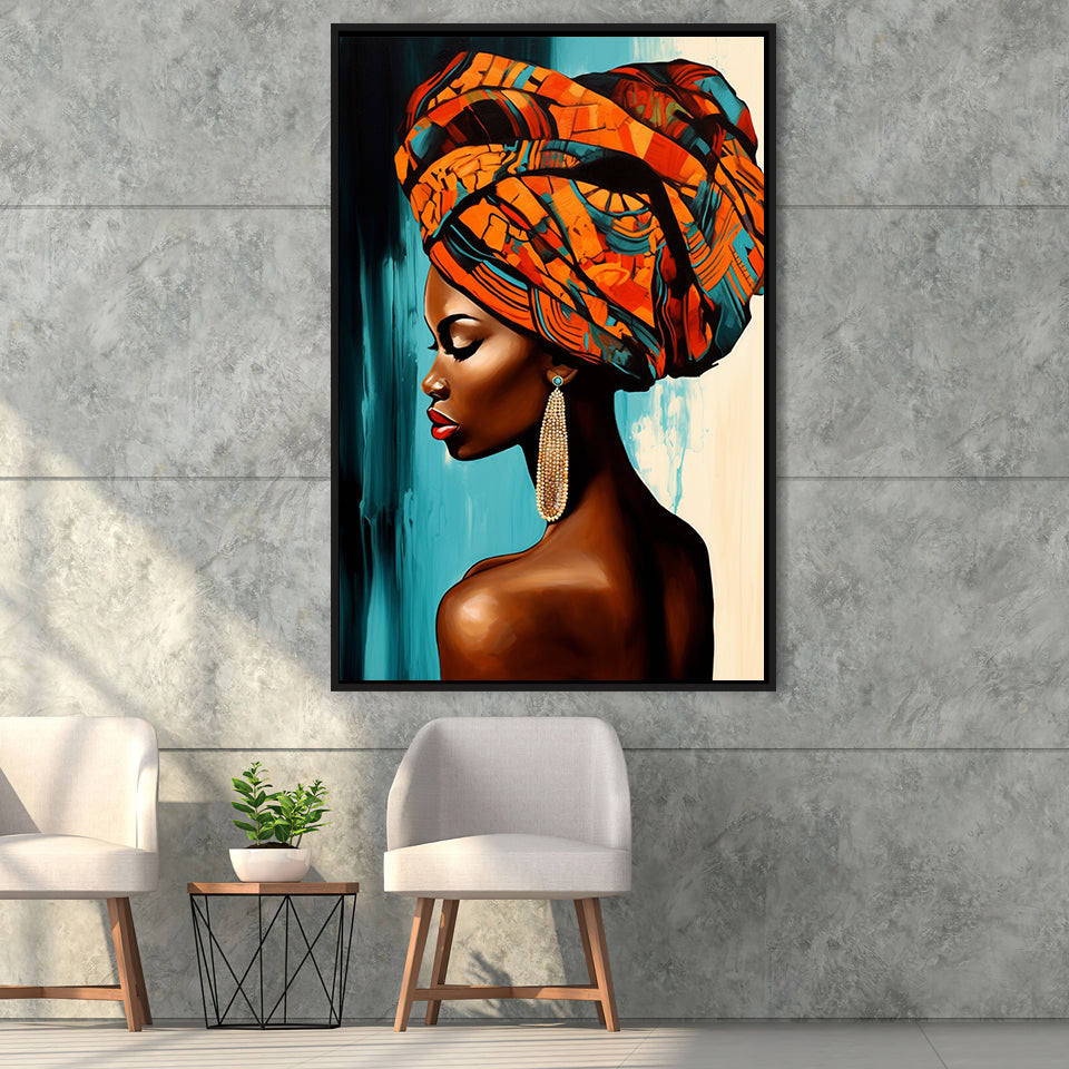African Woman Painting Art White And Blue Background,Framed Canvas Prints,Floating Frame, Wall Art Home Decor