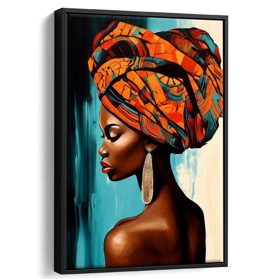 African Woman Painting Art White And Blue Background,Framed Canvas Prints,Floating Frame, Wall Art Home Decor