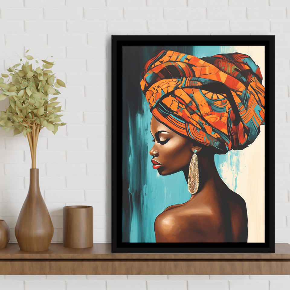 African Woman Painting Art White And Blue Background,Framed Canvas Prints,Floating Frame, Wall Art Home Decor
