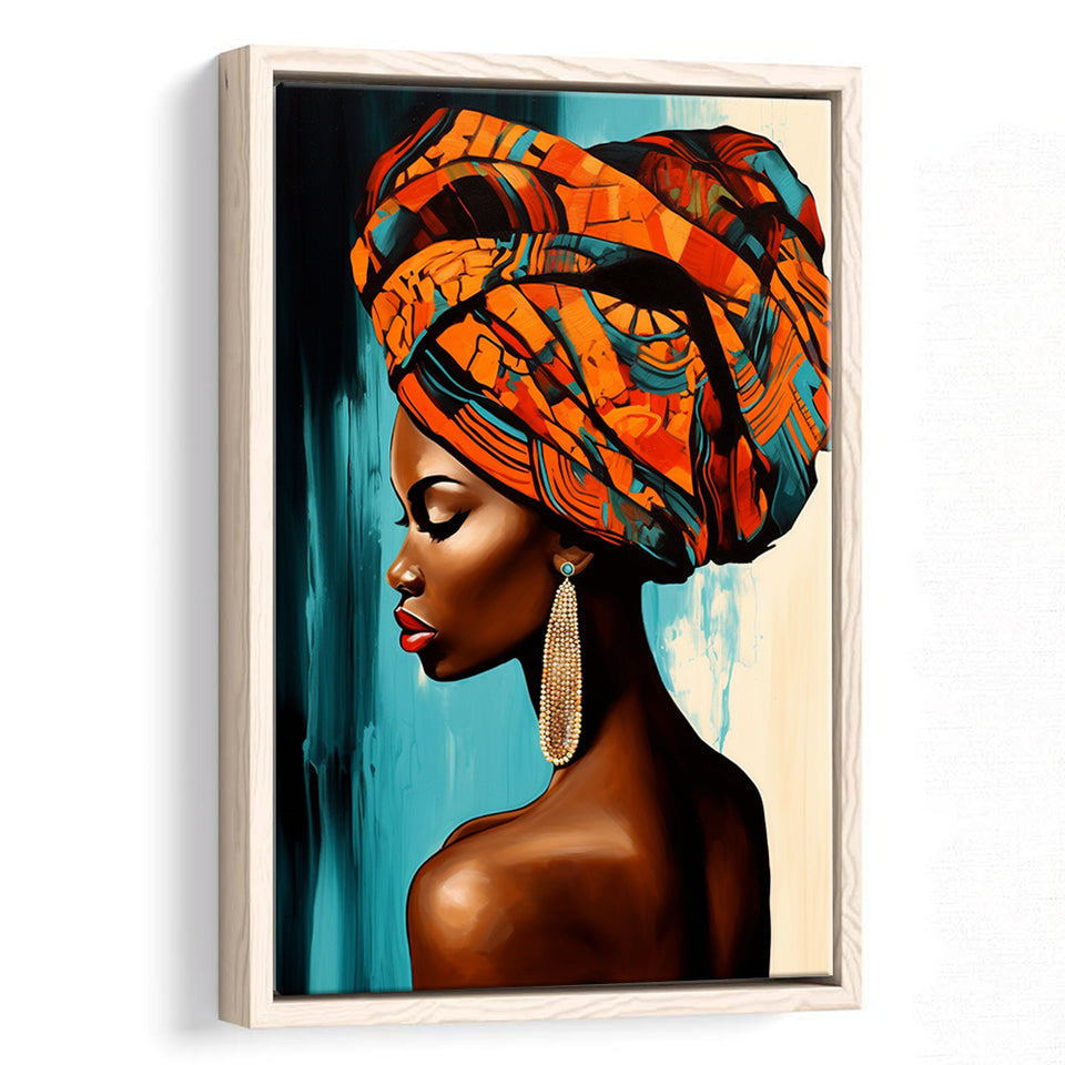African Woman Painting Art White And Blue Background,Framed Canvas Prints,Floating Frame, Wall Art Home Decor