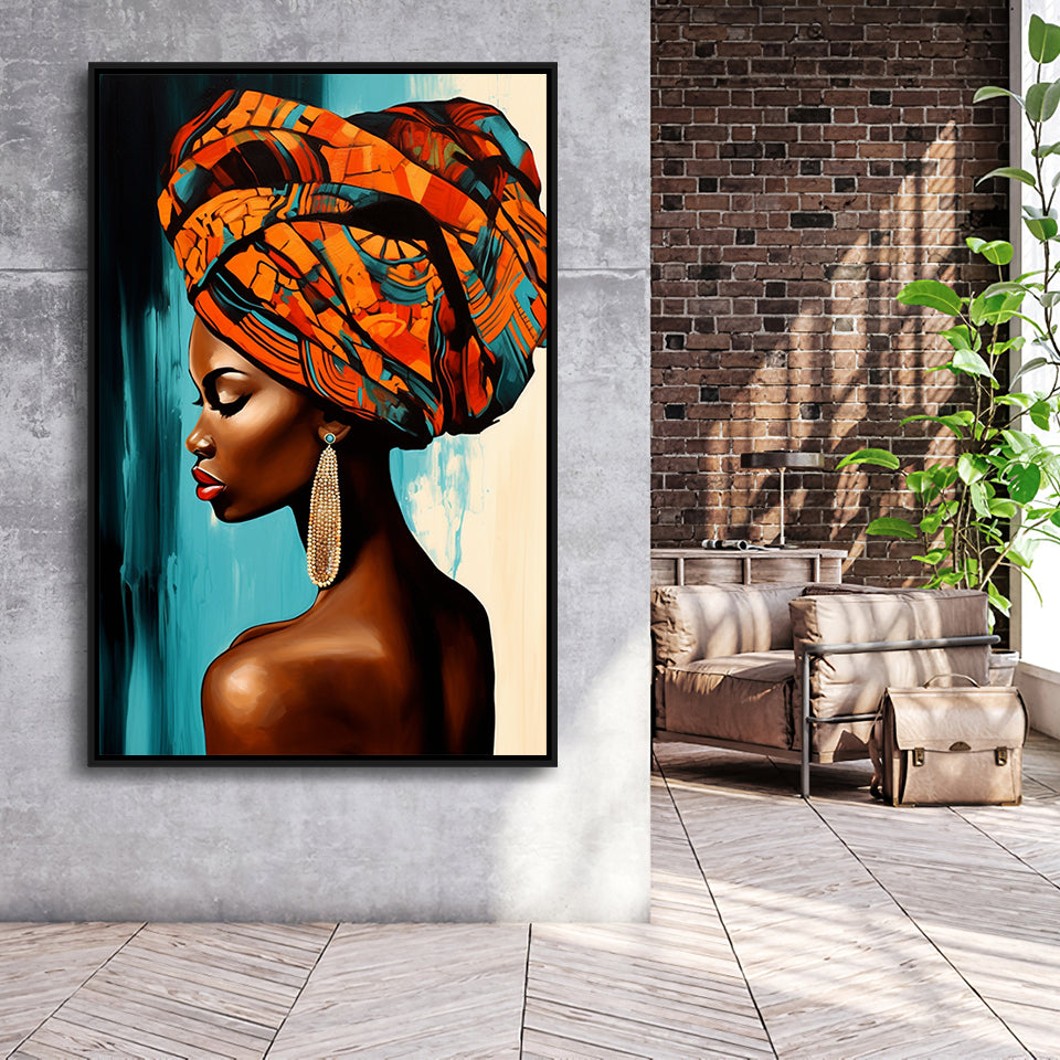 African Woman Painting Art White And Blue Background,Framed Canvas Prints,Floating Frame, Wall Art Home Decor