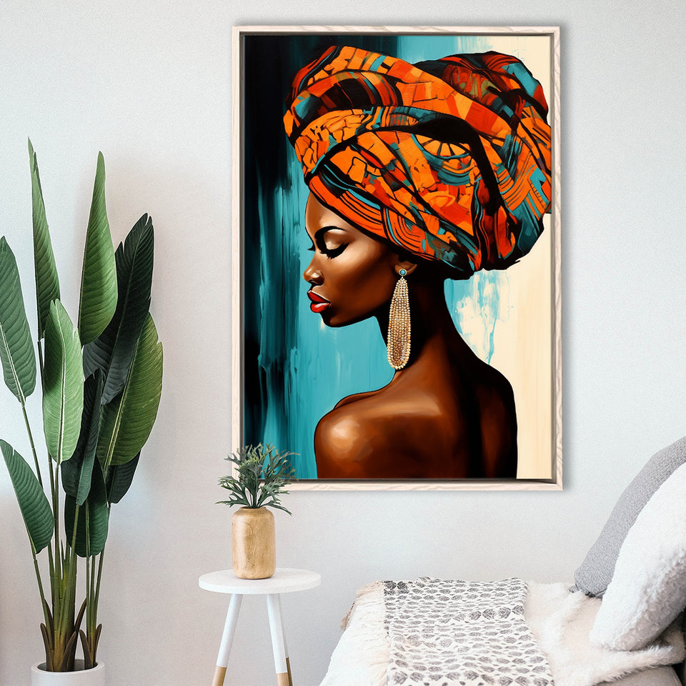 African Woman Painting Art White And Blue Background,Framed Canvas Prints,Floating Frame, Wall Art Home Decor