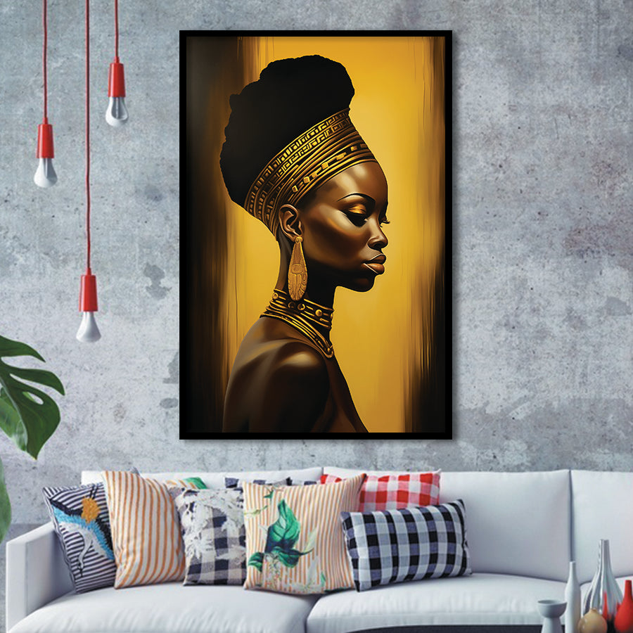 African Woman Wall Art Golden Background, Painting Art, Framed Art Prints Wall Decor