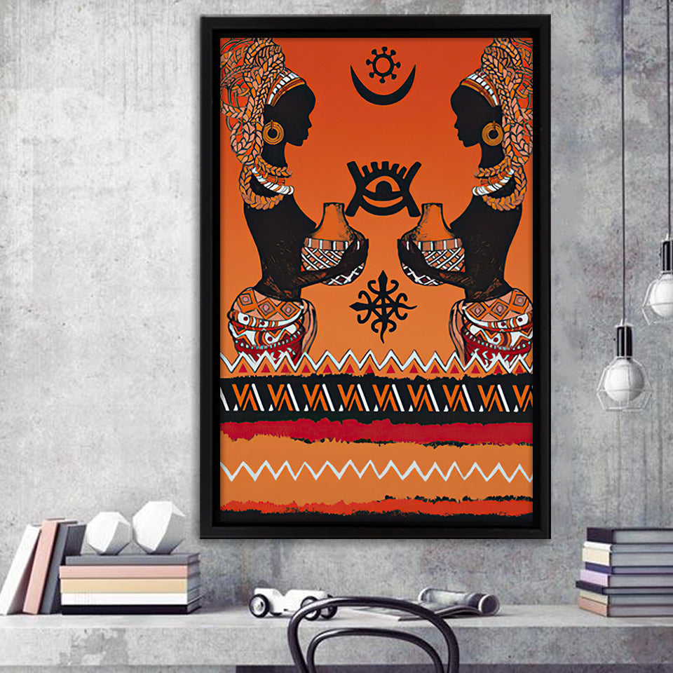 African Woman Masks Pattern Style Framed Canvas Prints Wall Art - Painting Canvas,Wall Decor, Painting Prints, Floating Frame