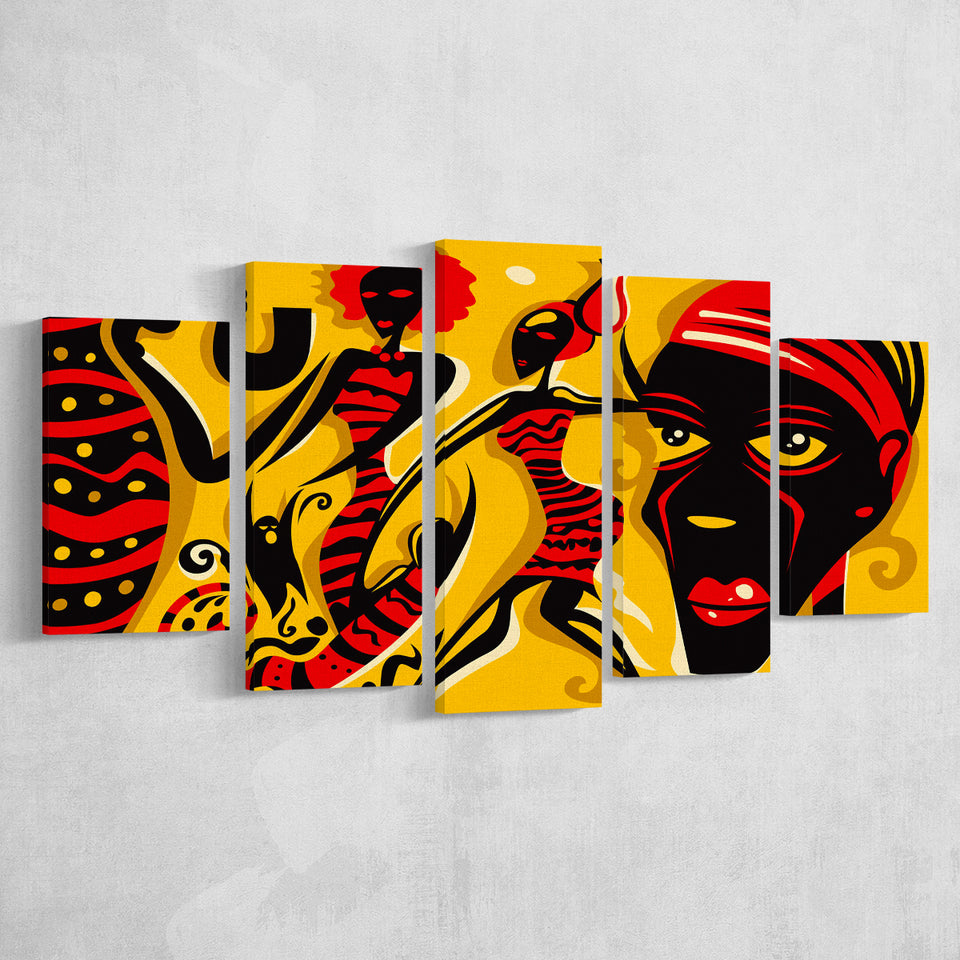 African Triptych 5 Piece Canvas Prints Wall Art Decor, Multi Panels, Mixed Canvas