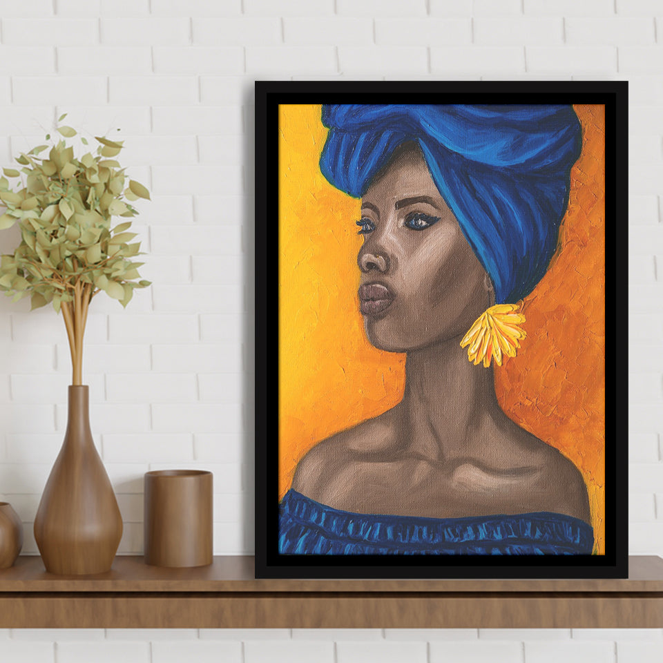African Woman Blue Dress Oil Painting Framed Canvas Prints Wall Art Home Decor, Floating Frame
