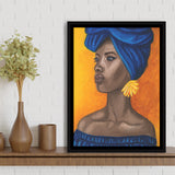 African Woman Blue Dress Oil Painting Framed Canvas Prints Wall Art Home Decor, Floating Frame