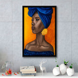 African Woman Blue Dress Oil Painting Framed Canvas Prints Wall Art Home Decor, Floating Frame
