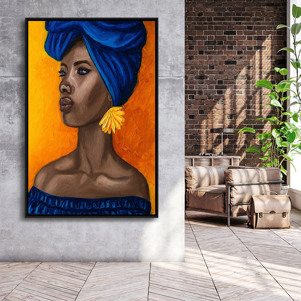 African Woman Blue Dress Oil Painting Framed Canvas Prints Wall Art Home Decor, Floating Frame