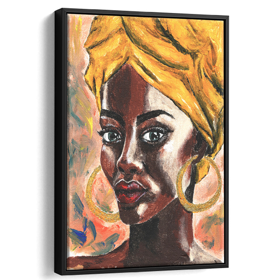 African Woman In Turban Portrait In Pop Art Style Framed Canvas Prints Wall Art Home Decor, Floating Frame