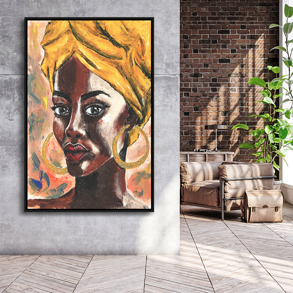 African Woman In Turban Portrait In Pop Art Style Framed Canvas Prints Wall Art Home Decor, Floating Frame