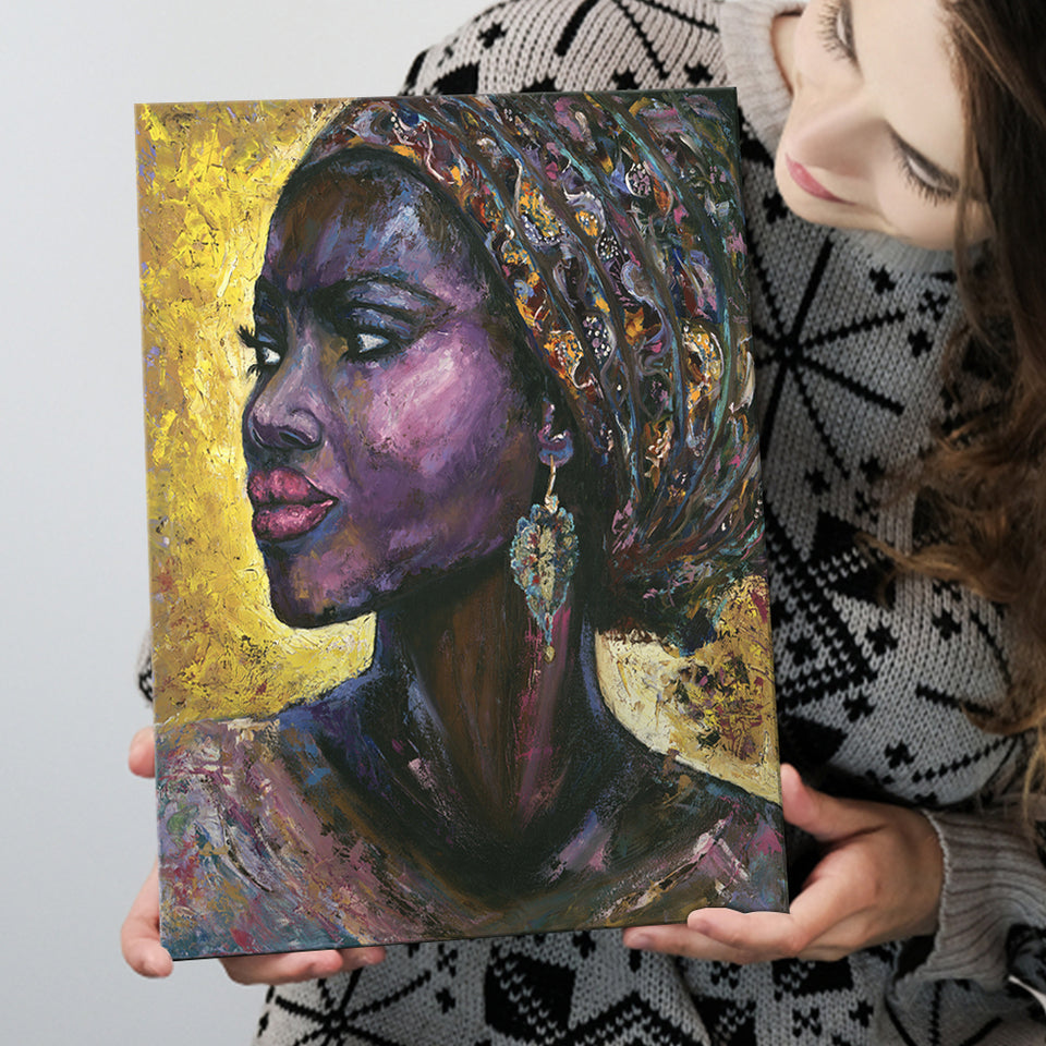 African Woman Violet Arabica Oil Painting Canvas Prints Wall Art Home Decor