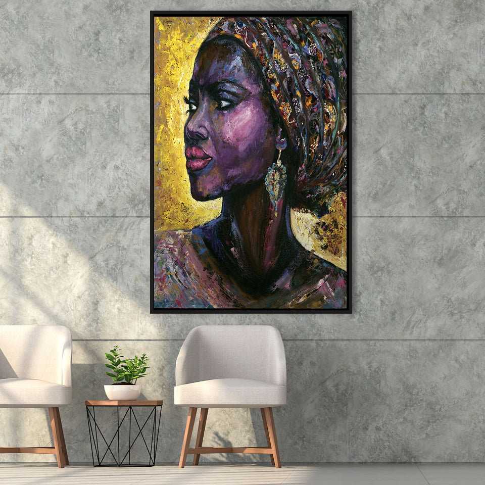 African Woman Violet Arabica Oil Painting Framed Canvas Prints Wall Art Home Decor, Floating Frame