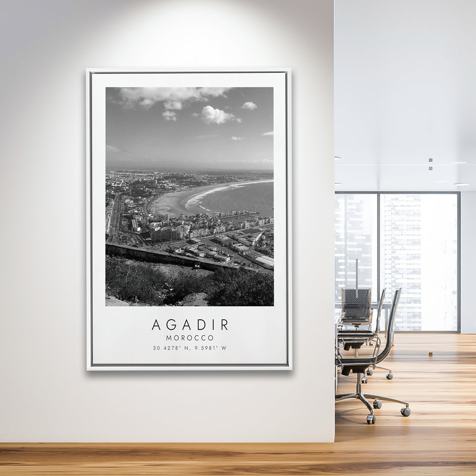 Agadir, Morocco Black And White Art Framed Canvas Prints Wall Art Home Decor, Floating Frame