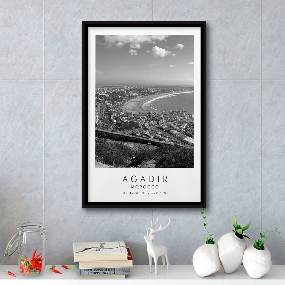 Agadir, Morocco Black And White Art Framed Canvas Prints Wall Art Home Decor, Floating Frame