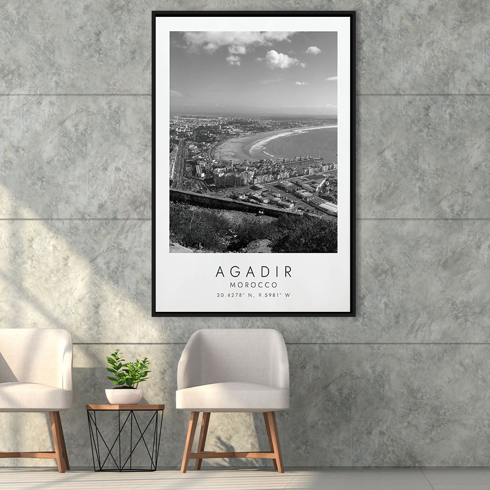 Agadir, Morocco Black And White Art Framed Canvas Prints Wall Art Home Decor, Floating Frame