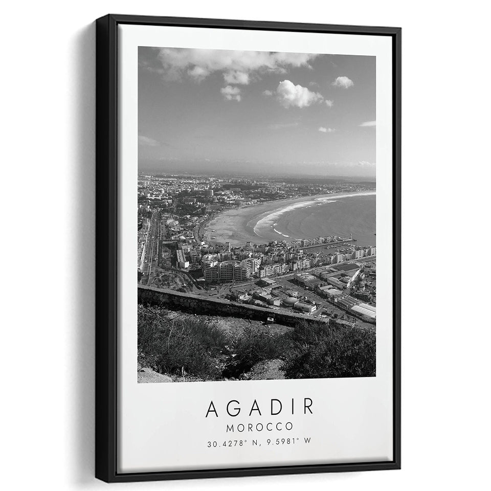 Agadir, Morocco Black And White Art Framed Canvas Prints Wall Art Home Decor, Floating Frame