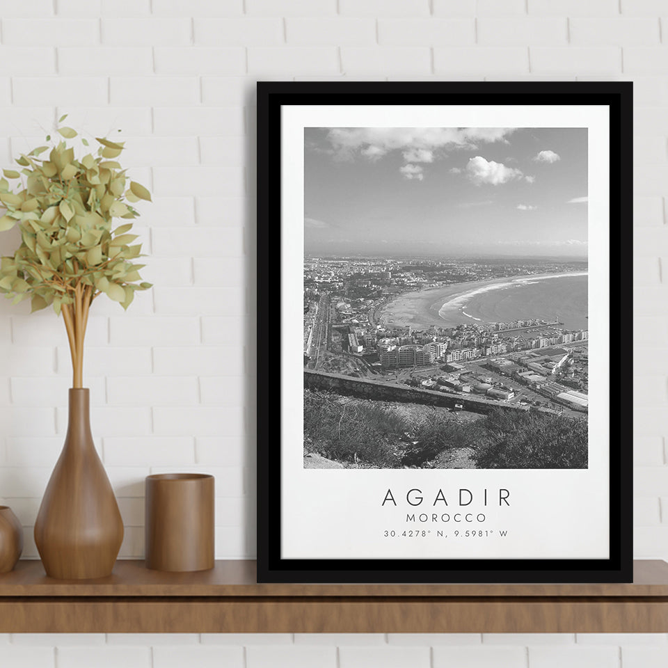 Agadir, Morocco Black And White Art Framed Canvas Prints Wall Art Home Decor, Floating Frame