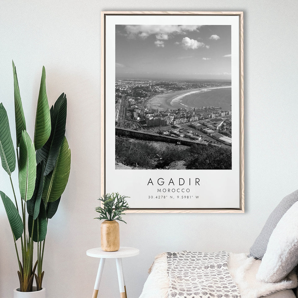 Agadir, Morocco Black And White Art Framed Canvas Prints Wall Art Home Decor, Floating Frame