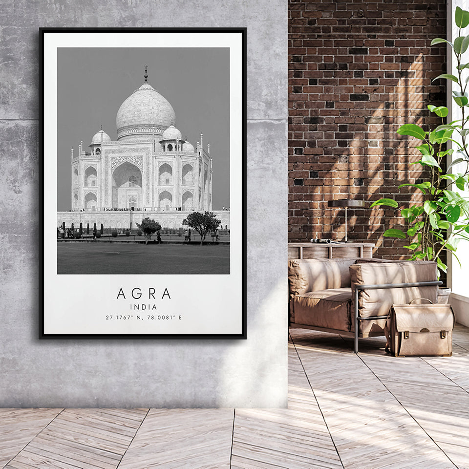 Agra, India Black And White Art Framed Canvas Prints Wall Art Home Decor, Floating Frame