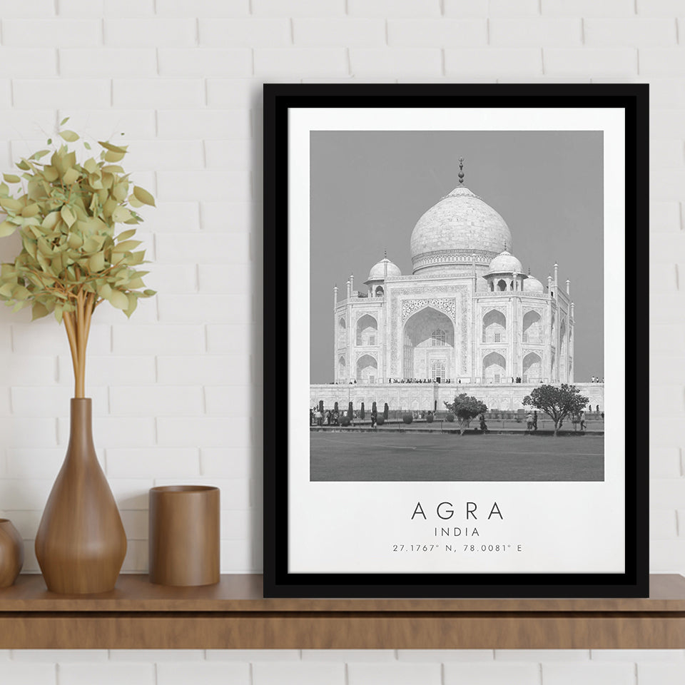 Agra, India Black And White Art Framed Canvas Prints Wall Art Home Decor, Floating Frame