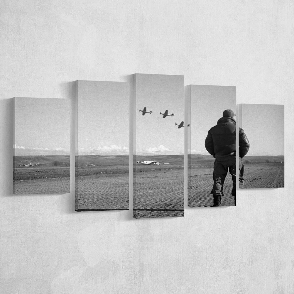 Airforce Pilot Black And White Print, Military Veterans 5 Panels, Canvas Prints Wall Art Decor, Large Canvas Art