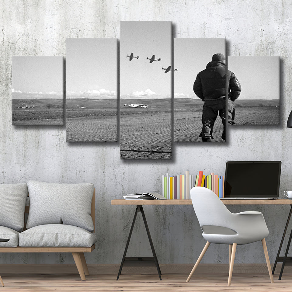 Airforce Pilot Black And White Print, Military Veterans 5 Panels, Canvas Prints Wall Art Decor, Large Canvas Art