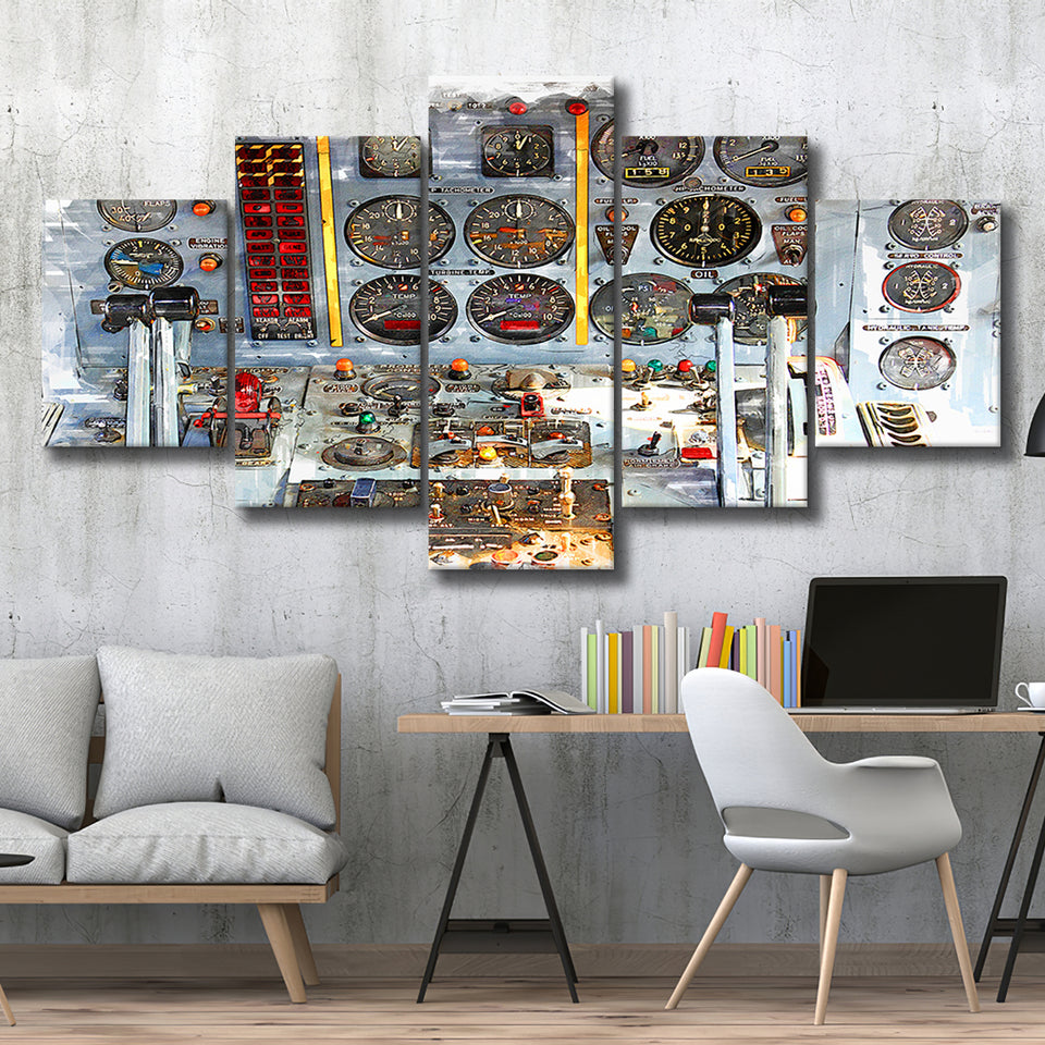Airplane Cockpit 5 Pieces Canvas Prints Wall Art Decor - Painting Canvas, Mixed Canvas, Multi Panels