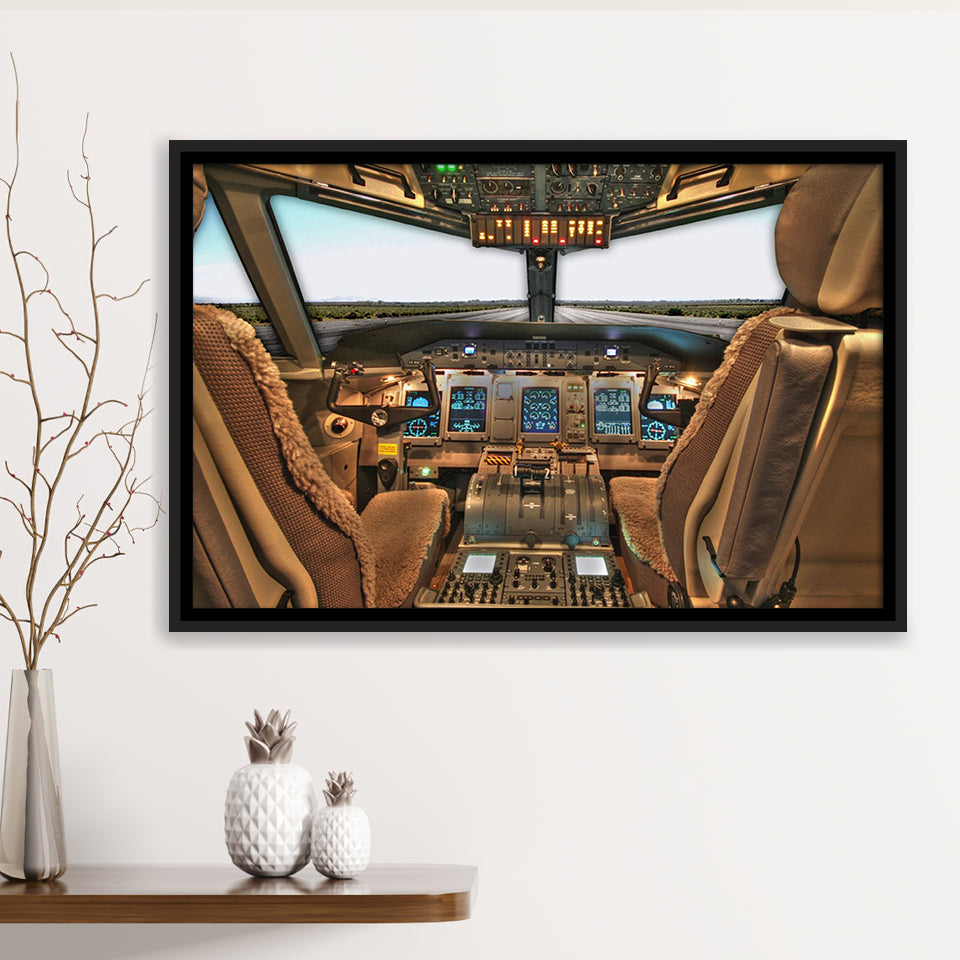Airplane Cockpit, Aircraft Cockpit Photo Framed Canvas Prints Wall Art Decor, Black Floating Frame