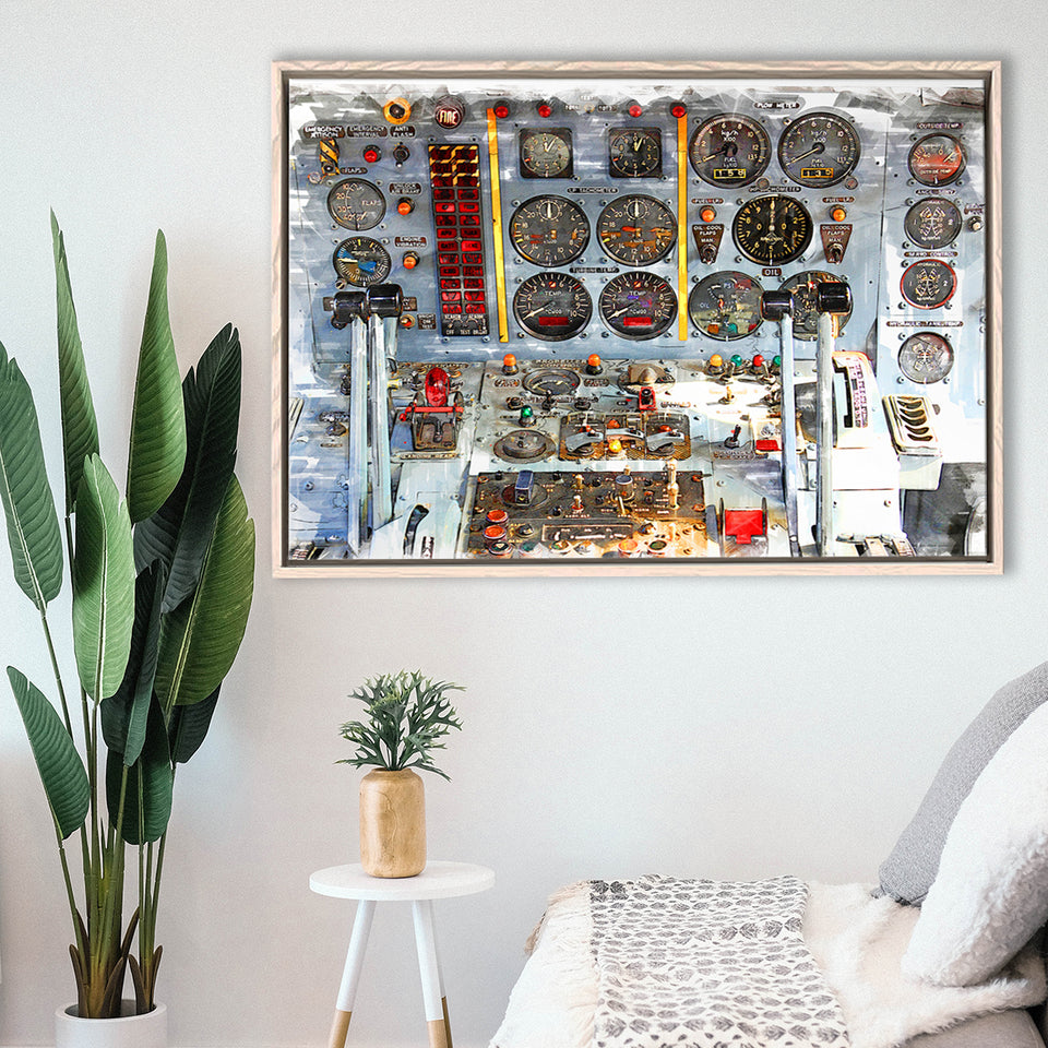 Airplane Cockpit, Aircraft Wall Art, Inside Airplane Print, Framed Canvas Prints Wall Art Home Decor,Floating Frame, Ready to Hang