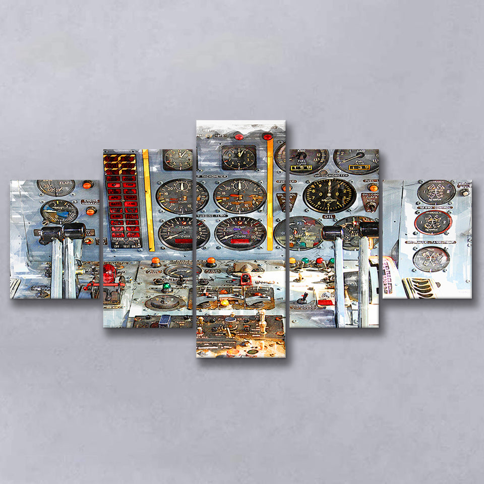 Airplane Cockpit 5 Pieces Canvas Prints Wall Art Decor - Painting Canvas, Mixed Canvas, Multi Panels