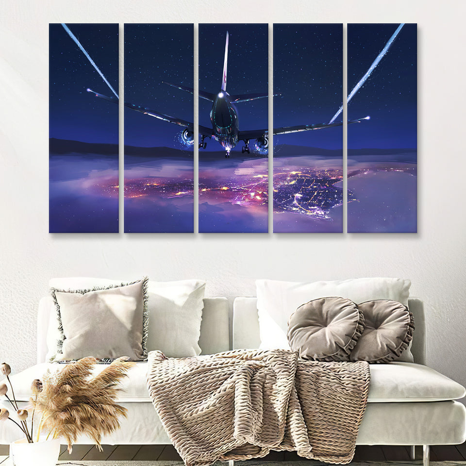 Airplane Flight Sunset Clouds View Night Sky 5 Piece B Canvas Prints Wall Art Decor - Painting Canvas, Multi Panels