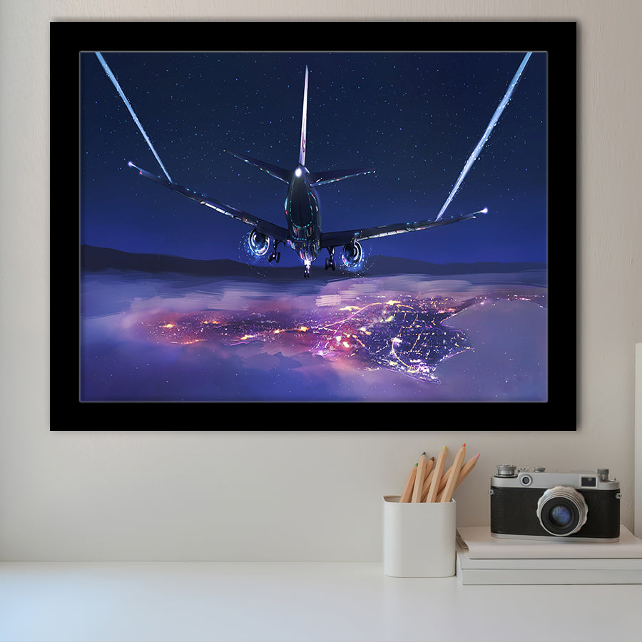 Airplane Flight Sunset Clouds View Night Sky Framed Art Prints Wall Decor - Painting Art, Framed Picture, Ready to Hang
