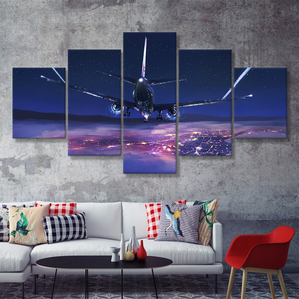Airplane Flight Sunset Clouds View Night Sky 5 Piece Canvas Prints Wall Art Decor - Painting Canvas, Multi Panels