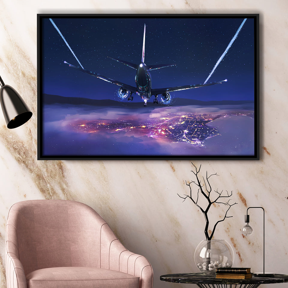 Airplane Flight Sunset Clouds View Night Sky Framed Canvas Prints Wall Art Decor - Painting Canvas, Black Framed Picture