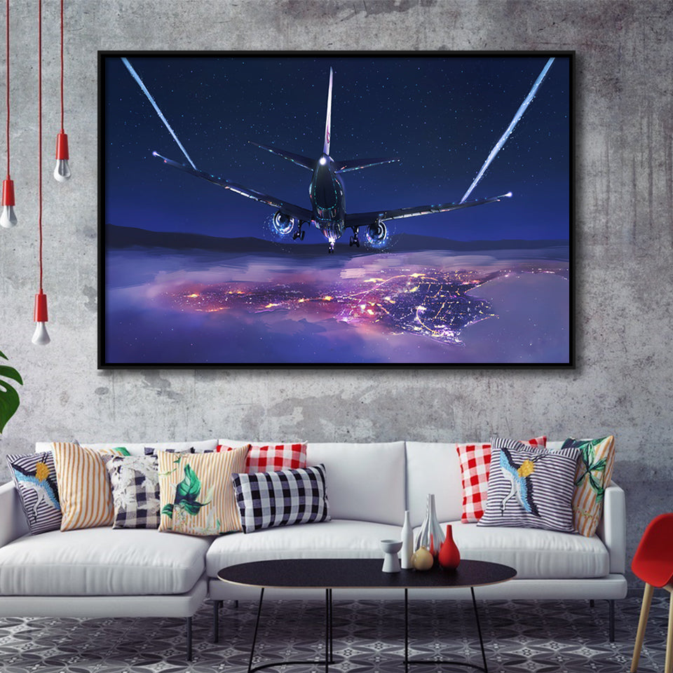 Airplane Flight Sunset Clouds View Night Sky Framed Canvas Prints Wall Art Decor - Painting Canvas, Black Framed Picture
