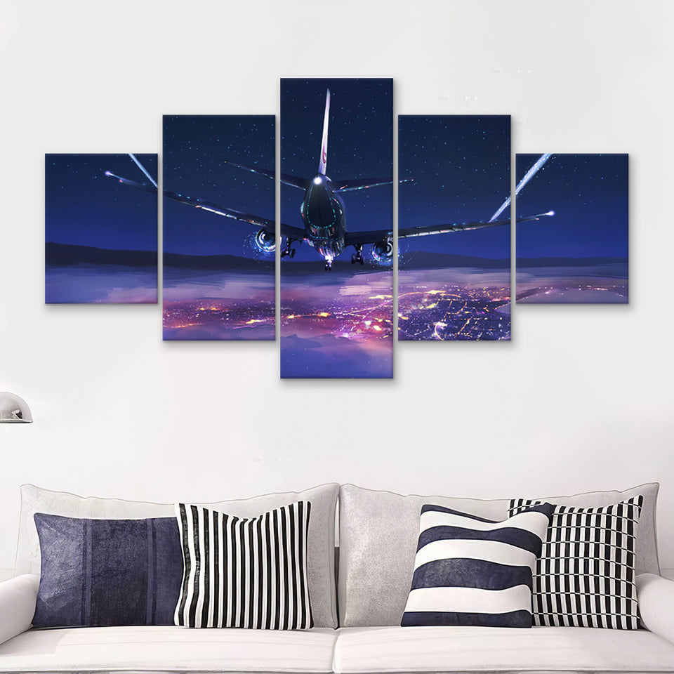 Airplane Flight Sunset Clouds View Night Sky 5 Piece Canvas Prints Wall Art Decor - Painting Canvas, Multi Panels