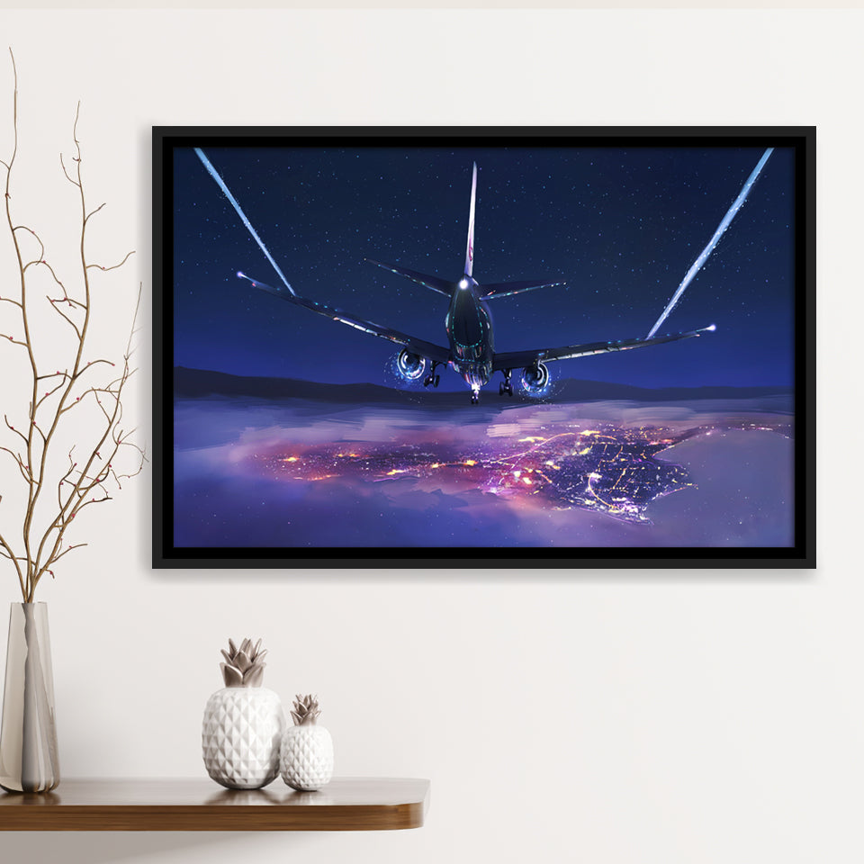 Airplane Flight Sunset Clouds View Night Sky Framed Canvas Prints Wall Art Decor - Painting Canvas, Black Framed Picture