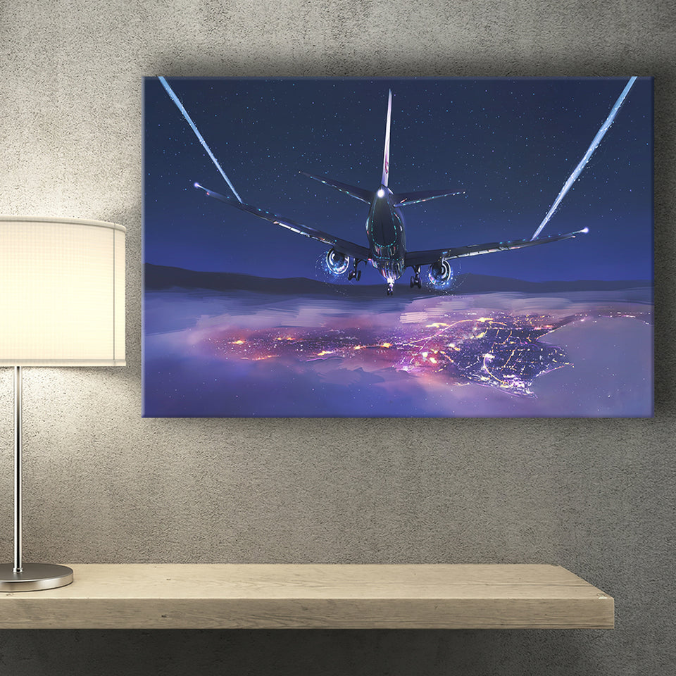 Airplane Flight Sunset Clouds View Night Sky Canvas Prints Wall Art Decor - Painting Canvas, Art Prints, Ready to Hang