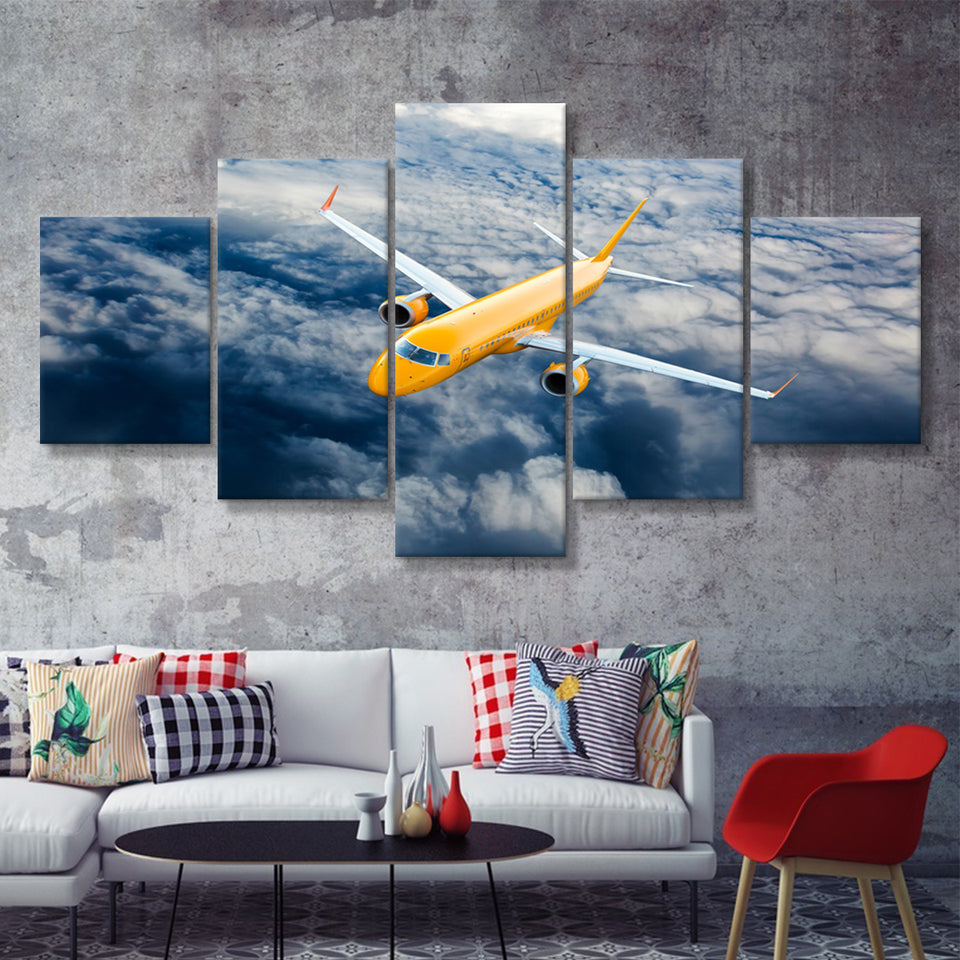 Airplane Fly Through Clouds 5 Piece Canvas Prints Wall Art Decor - Painting Canvas, Multi Panels